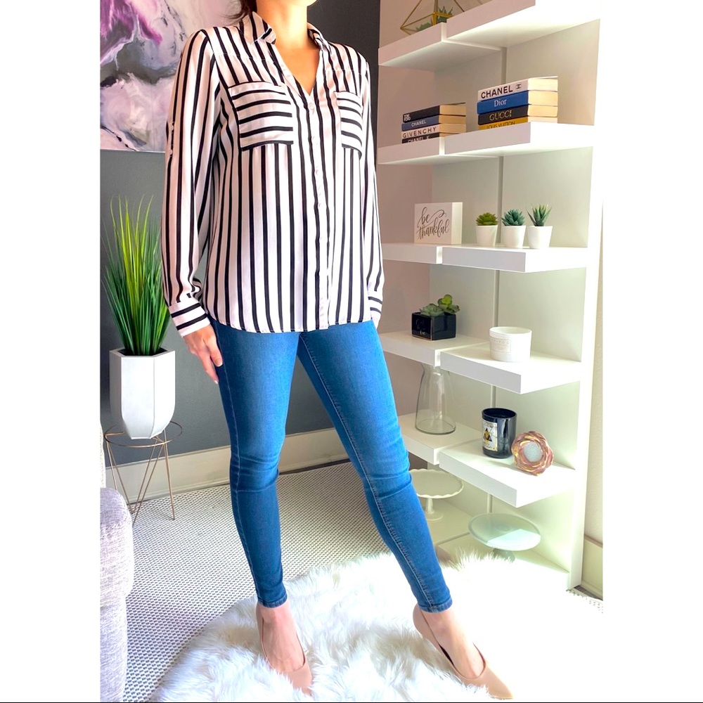 Express Black & White Button Down Blouse